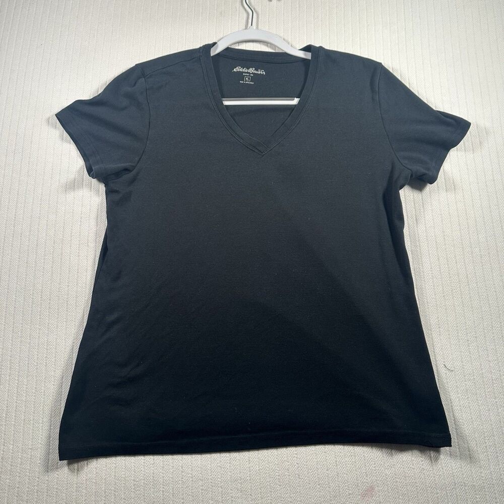 Eddie Bauer Women’s XL V-Neck Short Sleeve T-Shirt Black Basic Casual Top